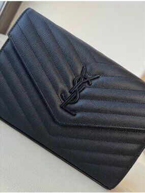 Authentic YSL Saint Laurent Cassandre Envelope Chain Wallet in Black